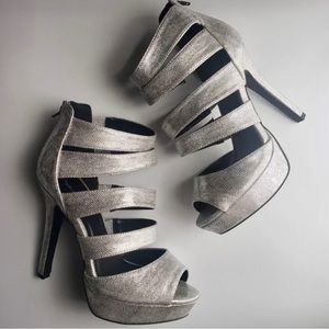 Silver Vegan Leather Strappy Platform Peep Toe Shoe